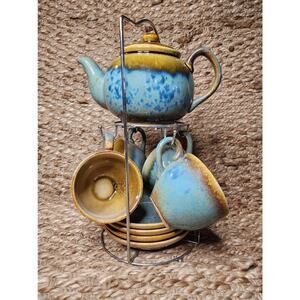 Vintage 10 Piece Pottery Drip Glaze Teapot, 4 Cups & Saucers Rack Brown & Blue